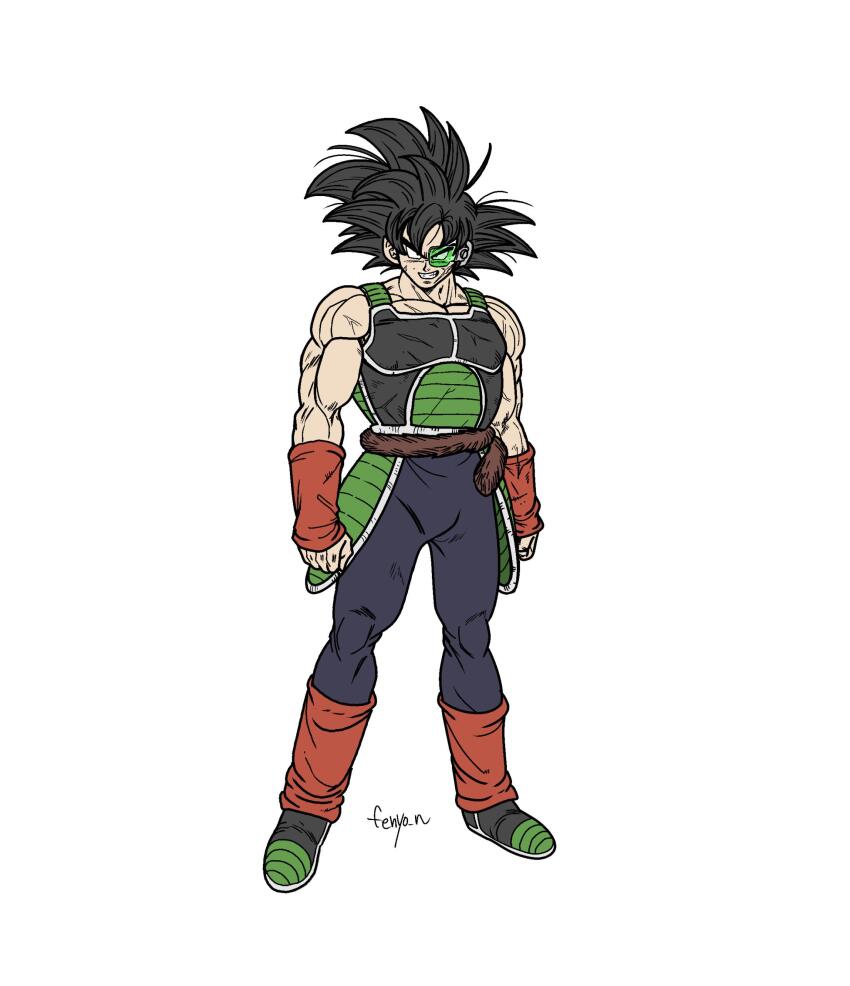 1boy absurdres armor bardock black_eyes black_hair cross_scar dragon_ball dragonball_z facial_scar fenyon highres looking_at_viewer male_focus monkey_boy monkey_tail muscular muscular_male open_mouth saiyan saiyan_armor scar scar_on_cheek scar_on_face scouter short_hair simple_background smile spiked_hair tail tail_around_waist teeth wristband