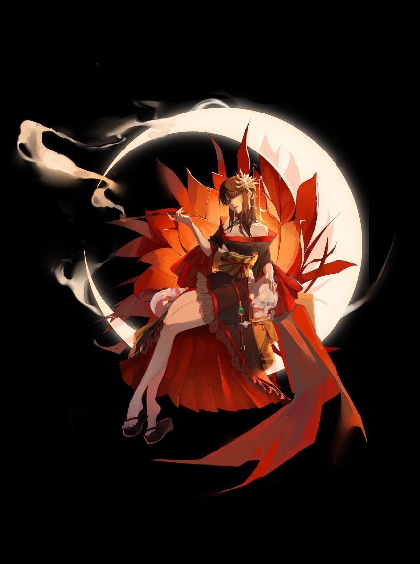 1girl absurdres bare_shoulders bat_hair_ornament black_background black_collar black_hair black_kimono blue_eyes blunt_bangs bone breasts chinese_commentary cleavage collar collarbone commentary_request crescent_moon epiphyllum final_fantasy final_fantasy_xiv flower from_side full_body glowing hair_flower hair_ornament hakujitsu hand_up head_tilt highres holding holding_smoking_pipe hyur inrou japanese_clothes kimono kiseru lace_collar long_hair looking_at_viewer mole mole_under_mouth moon obi obiage obijime off_shoulder okobo on_flower platform_sandals red_flower red_lips sandals sash sidelocks simple_background sitting skull smile smoke smoking_pipe solo tassel two-sided_fabric wide_sleeves yotsuyu_goe_brutus