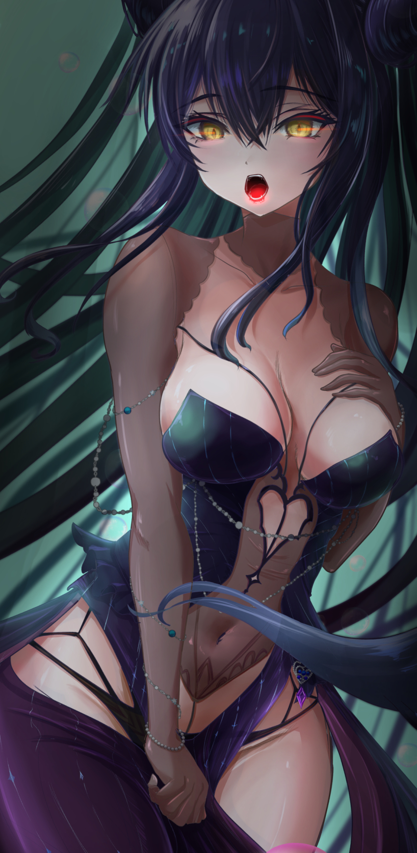 1girl black_hair black_panties bracelet breasts cleavage commentary_request dress goddess_of_victory:_nikke green_background green_hair highres jewelry large_breasts little_mermaid_(abyss_flower)_(nikke) little_mermaid_(nikke) long_hair multicolored_hair myaamocchi official_alternate_costume open_mouth panties purple_dress revealing_clothes solo two-tone_hair underwear very_long_hair yellow_eyes
