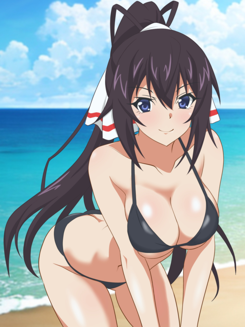 1girl beach bikini black_bikini black_hair blue_eyes blue_sky breasts cloud day hair_ribbon hata_(pixiv10403940) highres horizon infinite_stratos large_breasts long_hair ocean outdoors ribbon shinonono_houki sky smile solo swimsuit