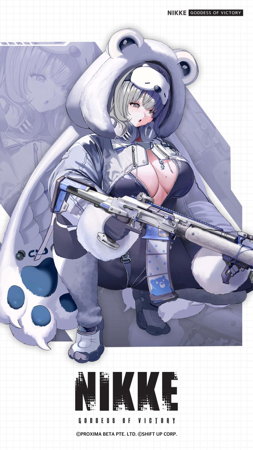 1girl animal_costume animal_hands bear_costume benelli_m4_super_90 black_bodysuit black_gloves bodysuit breasts cleavage copyright_name full_body gloves goddess_of_victory:_nikke grey_hair grid_background gun highres holding holding_gun holding_weapon hood hoodie large_breasts mask mask_on_head medium_hair neve_(nikke) no_bra official_art open_mouth saiga-12 shotgun squatting weapon white_headwear yellow_eyes