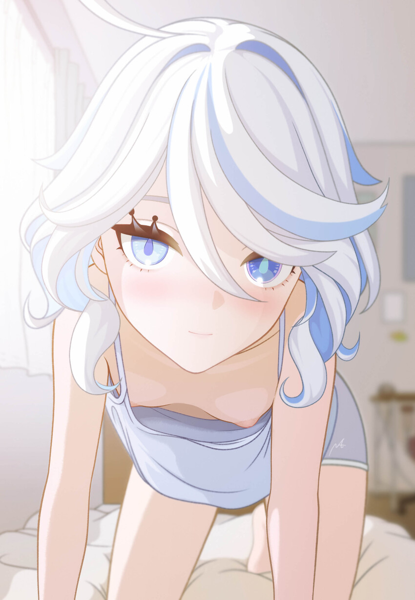 1girl absurdres all_fours blue_eyes blue_hair blush breasts camisole closed_mouth commentary_request drop-shaped_pupils furina_(genshin_impact) genshin_impact hair_between_eyes heterochromia highres indoors looking_at_viewer medium_hair minamoto_natsuki mismatched_pupils multicolored_hair nipple_slip nipples on_bed signature sleeveless small_breasts smile solo spaghetti_strap streaked_hair symbol-shaped_pupils white_hair