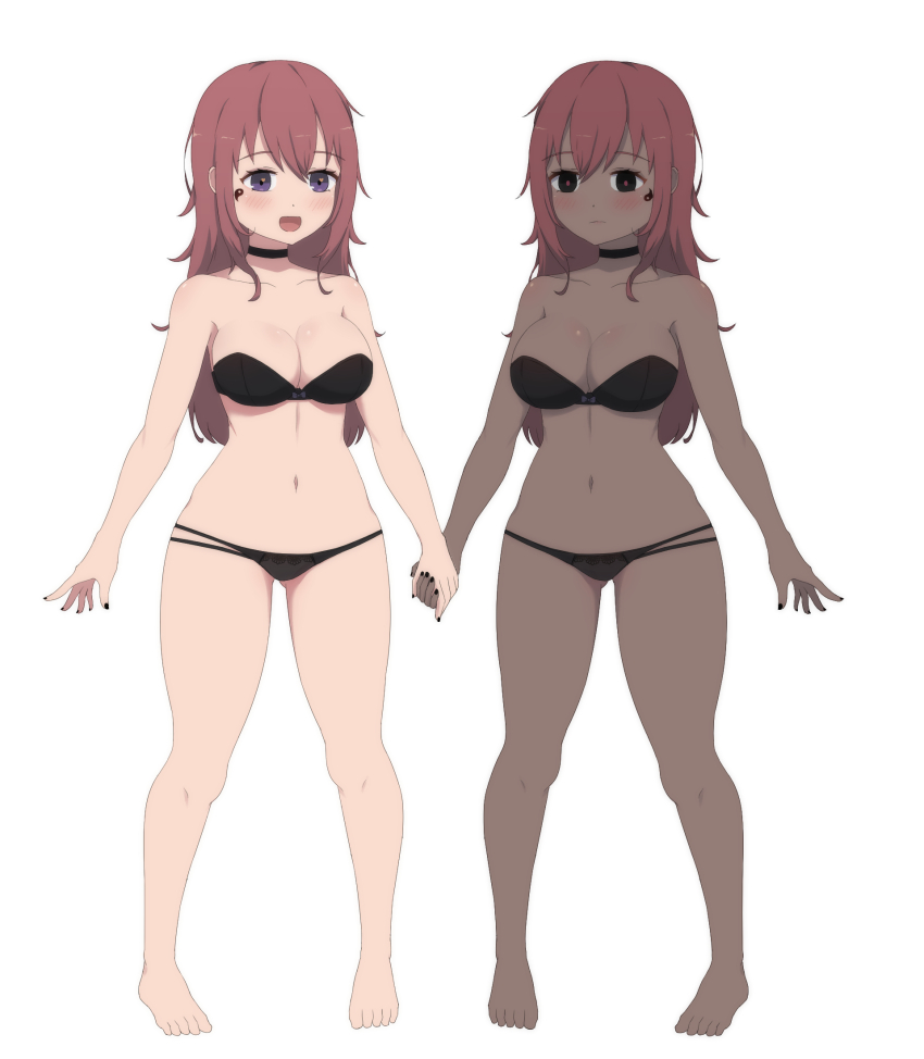 2girls :d :| aren&#039;t_grim_reapers_supposed_to_be_scary barefoot bikini black_bikini black_choker black_eyes black_nails breasts reference_sheet choker closed_mouth dark-skinned_female dark_skin facial_tattoo full_body hair_between_eyes highres holding_hands kamuo lafi_(kamuo) light_blush long_hair looking_at_viewer medium_breasts messy_hair multiple_girls navel open_mouth purple_eyes rafi_(kamuo) red_hair red_pupils siblings sidelocks simple_background smile spaghetti_strap strapless strapless_bikini swimsuit tachi-e tattoo thick_thighs thighs twins white_background
