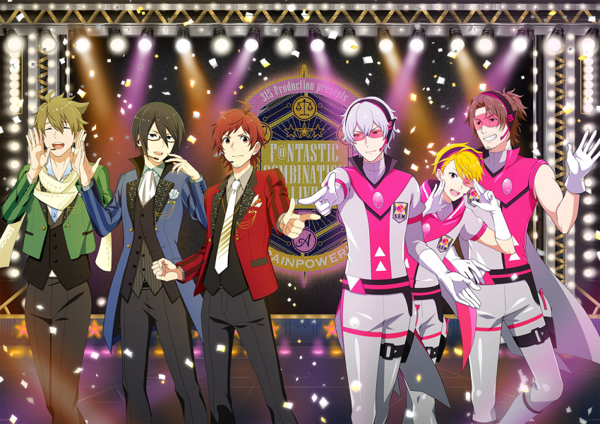 6+boys ahoge black_pants blonde_hair blue_eyes brown_hair buttons closed_eyes confetti dramatic_stars_(idolmaster) facial_hair finger_gun fingernails glasses gloves goatee green_hair grey_hair hair_between_eyes hazama_michio headset idolmaster idolmaster_side-m kashiwagi_tsubasa maita_rui male_focus multiple_boys necktie official_art one_eye_closed pants red_hair s.e.m_(idolmaster) sakuraba_kaoru scarf sleeveless smile stage_lights teeth tendo_teru white_gloves yamashita_jiro