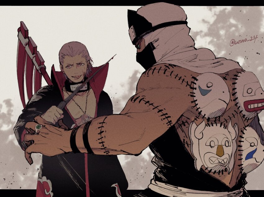 2boys artist_name blood colored_sclera hidan_(naruto) holding holding_weapon kakuzu_(naruto) male_focus multiple_boys muscular muscular_male naruto_(series) outdoors red_sclera scythe tattoo tongue tongue_out topless_male unno_24 upper_body weapon