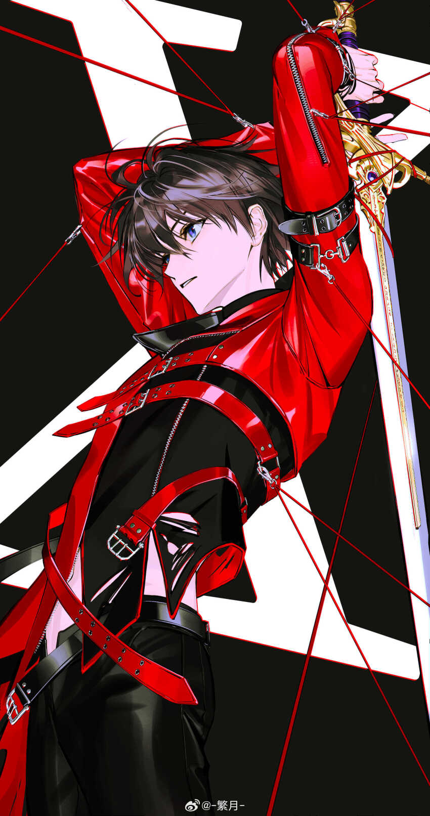 1boy absurdres arm_belt arms_up belt belt_buckle black_background black_belt black_pants black_shirt blue_eyes brown_hair buckle chinese_commentary clothing_cutout commentary_request copyright_name cowboy_shot cropped_jacket expressionless hair_between_eyes highres holding holding_sword holding_weapon jacket leather leather_jacket leather_pants light_frown long_sleeves male_focus messy_hair multiple_belts navel open_belt over_shoulder pants parted_lips pointy_nose red_belt red_jacket shirou_kamui shirt short_hair side_slit solo standing stomach_cutout studded_belt sword too_many too_many_belts turtleneck turtleneck_shirt watermark weapon weapon_over_shoulder weibo_watermark x_(manga) yuefanfan zipper