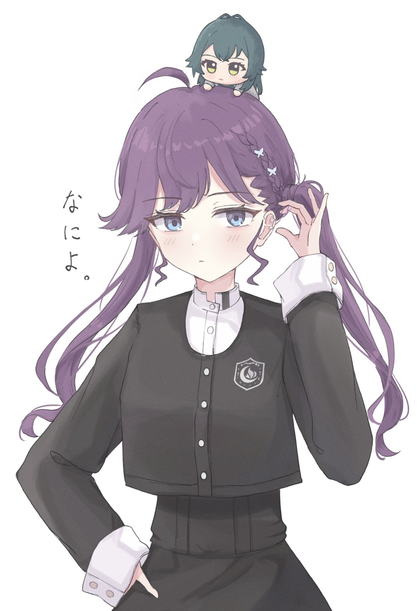 2girls absurdres ahoge black_jacket black_skirt blush braid butterfly_hair_ornament chibi chibigurumi cropped_jacket gakuen_idolmaster gokugetsu_academy_school_uniform green_hair hair_ornament hand_on_own_hip high-waist_skirt highres idolmaster jacket kaya_rinha long_hair long_sleeves looking_at_viewer multiple_girls on_head purple_hair sangria school_uniform simple_background skirt tsukimura_temari twintails very_long_hair white_background