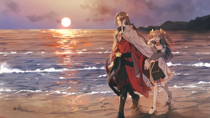 1boy 1girl alternate_hair_length alternate_hairstyle beach black_boots black_dress black_pants black_sash boots breasts brown_hair butterfly_hair_ornament changpao chest_tattoo chinese_clothes chinese_commentary cleavage closed_eyes closed_mouth coat coat_on_shoulders crying curtained_hair dress earrings female_master_(the_tale_of_food) frilled_dress frills frown full_body gloves hair_between_eyes hair_ornament hair_stick highres holding_hands horizon jewelry knee_boots kocona lianhua_blood_duck_(the_tale_of_food) long_hair long_sleeves looking_ahead low-tied_long_hair ocean official_alternate_costume open_clothes open_mouth open_robe outdoors pants pinstripe_dress pinstripe_pattern profile red_eyes red_robe robe sash shrug_(clothing) sunset tassel tassel_earrings tattoo tears the_tale_of_food two-tone_dress two_side_up walking white_boots white_coat white_dress white_gloves wide_sleeves wiping_tears