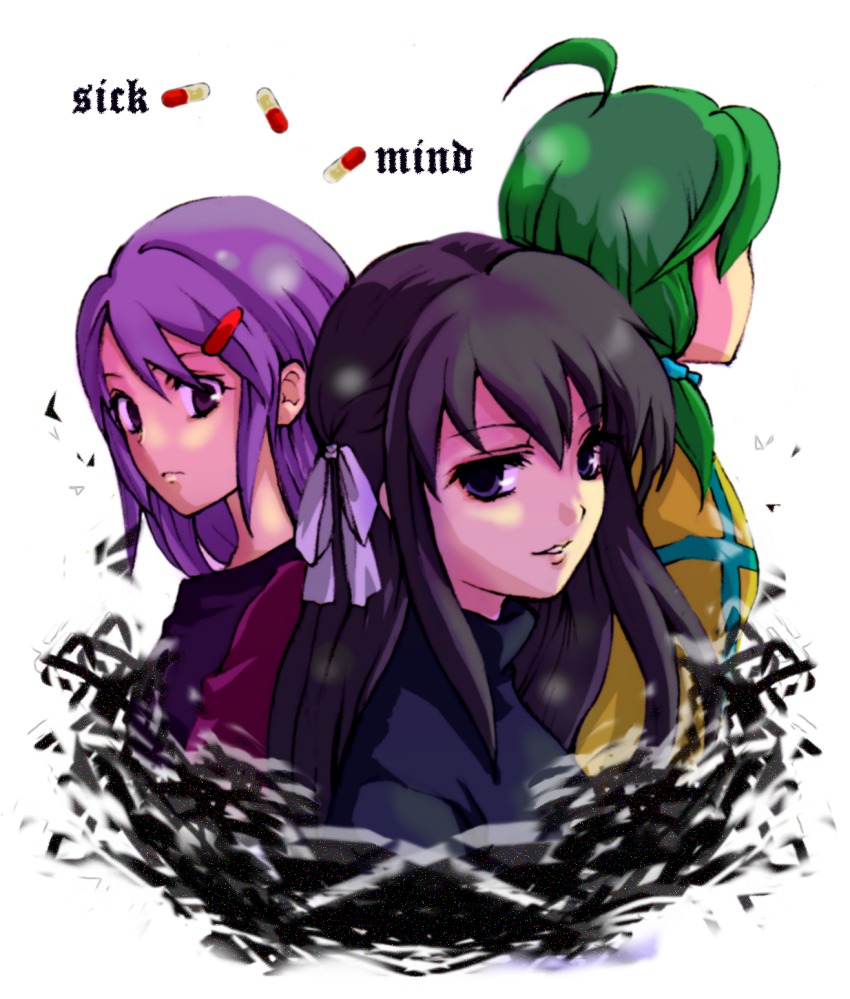 3girls ahoge black_hair copyright_name expressionless green_hair hair_ribbon highres iratsuki kurayami_(sick_mind) looking_at_viewer misochige multiple_girls pill purple_hair ribbon sick_mind smile yamitsuki yamitsuki_(sick_mind)