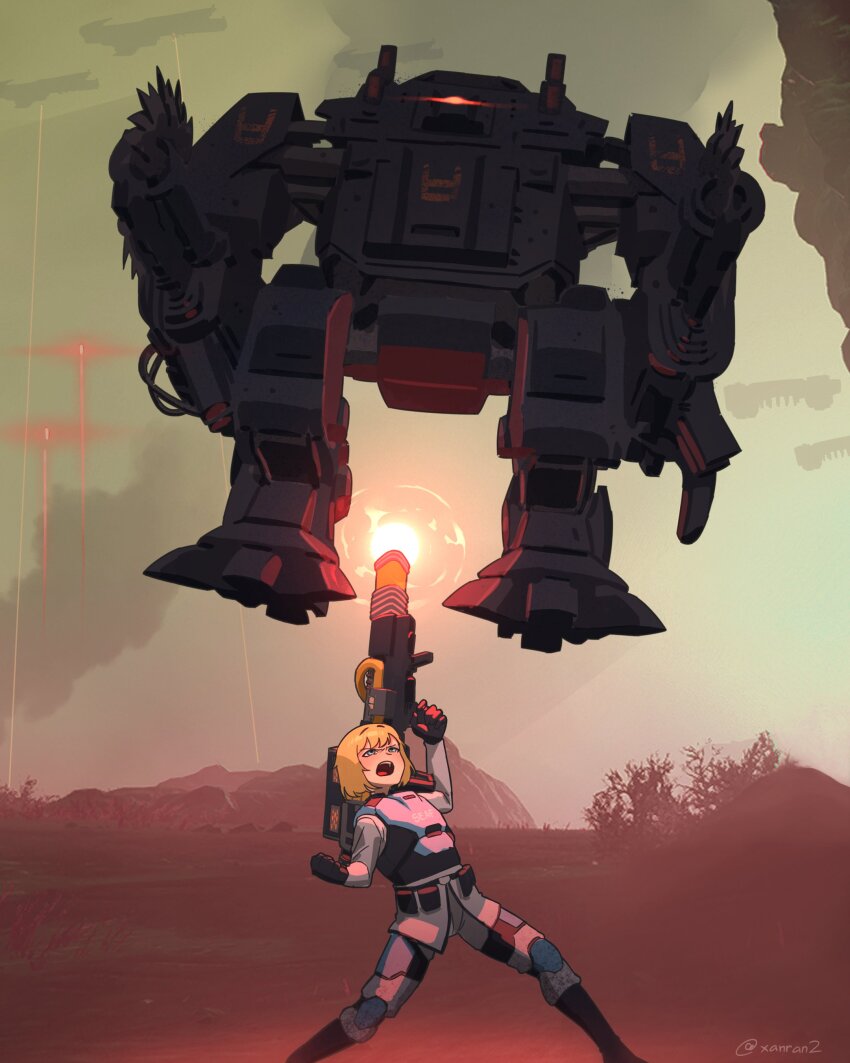 1girl absurdres artist_name automaton_(helldivers) black_gloves blonde_hair chainsaw cyberpunk_(series) cyberpunk_edgerunners energy_cannon flare gloves helldivers_(series) highres hulk_(helldivers) military_uniform robot seaf_soldier_(helldivers) short_hair spacecraft xanran