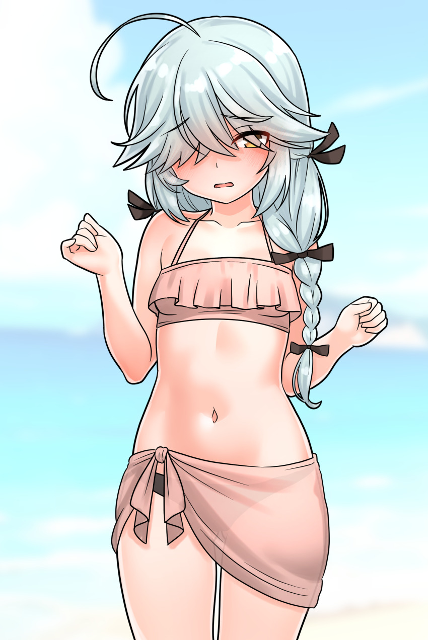 1girl absurdres ahoge beach bikini black_bikini black_ribbon blue_sky braid cloud collarbone day frilled_bikini frills furaggu_(frag_0416) grey_hair hair_over_one_eye hair_ribbon hamanami_(kancolle) hands_up highres kantai_collection long_hair navel ocean outdoors pink_bikini pink_sarong ribbon sarong single_braid sky solo standing stomach swimsuit thighs variant_set