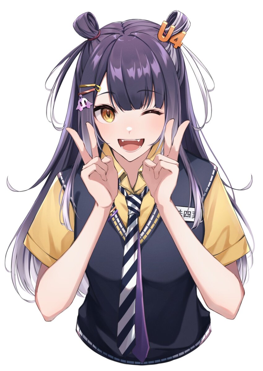 ;d black_hair black_sweater_vest collared_shirt double_v fangs hair_ornament hairclip highres long_hair mitani._(m3) multiple_neckties necktie nijisanji one_eye_closed open_mouth shirt short_sleeves smile striped_necktie sweater_vest two_side_up ufo_hair_ornament umise_yotsuha umise_yotsuha_(1st_costume) v virtual_youtuber yellow_shirt