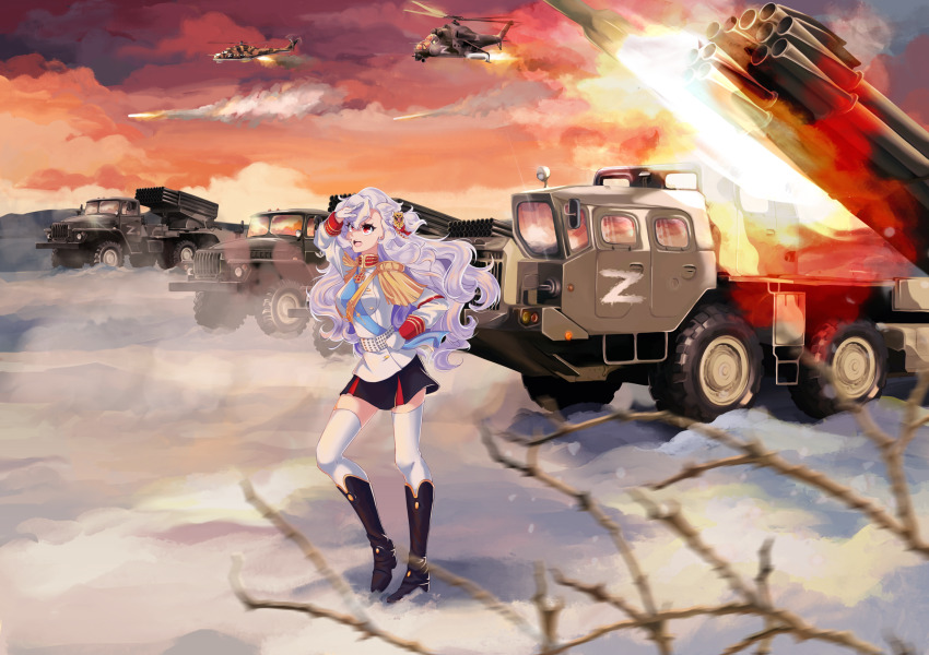1girl 9k58_smerch aiguillette aircraft alpha_(alpha_1918) attack_helicopter bare_tree belt black_boots blue_sash bm-21 bm-21_grad bm-30_smerch boots branch cloud cloudy_sky collar cross cross_pendant curly_hair epaulettes facing_away findoworld fire fluffy fluffy_hair from_side full_body gloves gold_trim hair_ornament hand_on_own_hip hand_up helicopter high_collar highres layered_skirt leg_up long_hair looking_afar mi-24 military military_vehicle miniskirt open_mouth outdoors red_collar red_eyes red_sky rocket rocket_artillery russian_empire russian_ground_forces russo-ukrainian_war sash shading_eyes skirt sky snow snowing solo standing standing_on_one_leg teeth thighhighs thighs tree war white_belt white_hair winter z_(russian_symbol) zettai_ryouiki