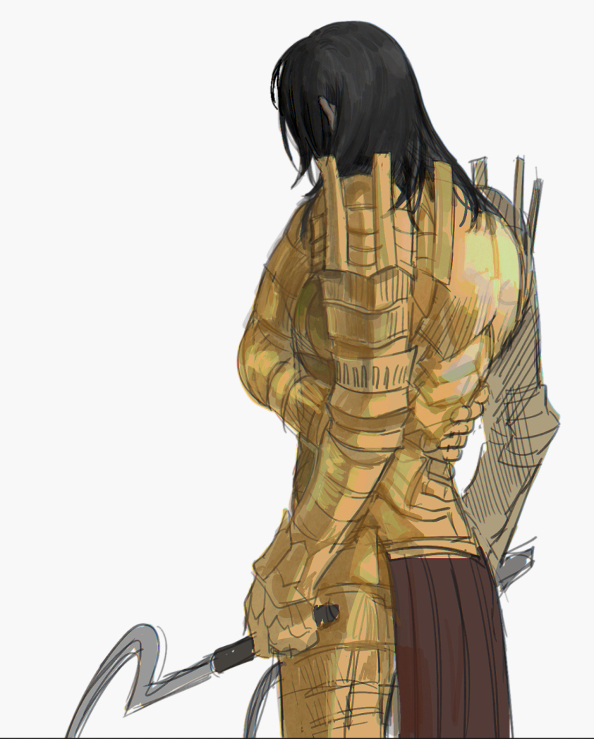 192_saioma 1boy armor black_hair breastplate commentary cowboy_shot dark_souls_(series) dark_souls_i dual_wielding from_behind gauntlets gold_armor highres holding holding_sword holding_weapon knight_lautrec_of_carim leg_armor long_hair male_focus no_headwear shotel simple_background solo sword weapon white_background