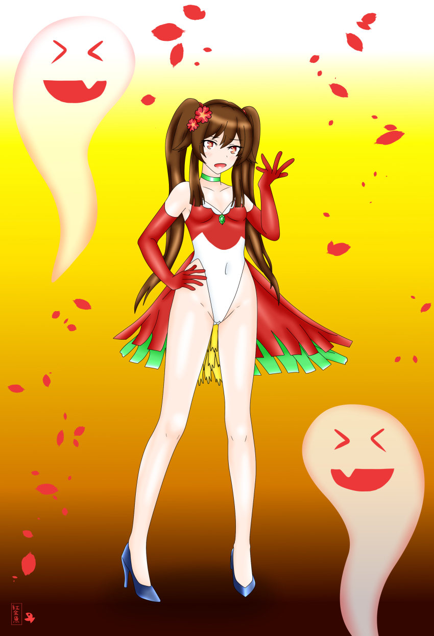1girl absurdres brown_hair cosplay gen_2_pokemon genshin_impact highleg highleg_leotard highres ho-oh ho-oh_(cosplay) hu_tao_(genshin_impact) legendary_pokemon leotard nintendo pokemon twintails