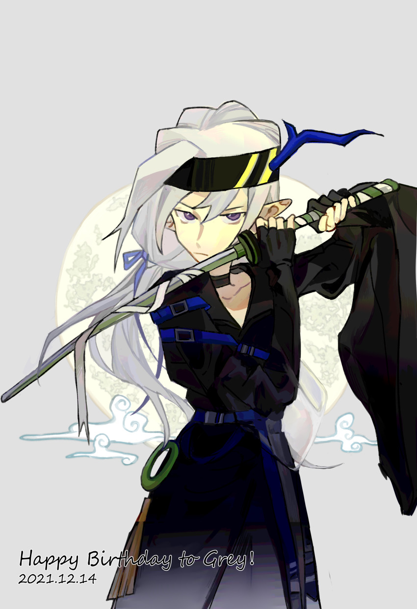 1boy absurdres aotu_world belt black_choker black_gloves black_headband black_shirt blue_belt blue_ribbon character_name choker chuanhua commentary cowboy_shot dated english_text fingerless_gloves full_moon gloves grey_(aotu_world) hair_ribbon happy_birthday headband highres holding holding_sword holding_weapon katana long_hair male_focus moon pointy_ears purple_eyes ribbon shirt solo sword weapon white_hair