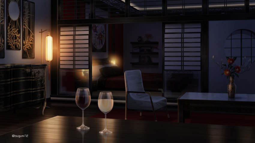 alcohol architecture azuma_hatori bed bedroom blanket bonsai book camellia chair cup dark drawer drinking_glass east_asian_architecture flower highres indoors katana lantern marble_(stone) nijisanji nijisanji_en no_humans official_art painting_(object) pillow red_flower red_wine round_window rug scenery sheath sheathed shelf shouji sliding_doors sword table twitter_username vase virtual_youtuber vox_akuma weapon weapon_rack white_wine window wine wine_glass wooden_floor wooden_table