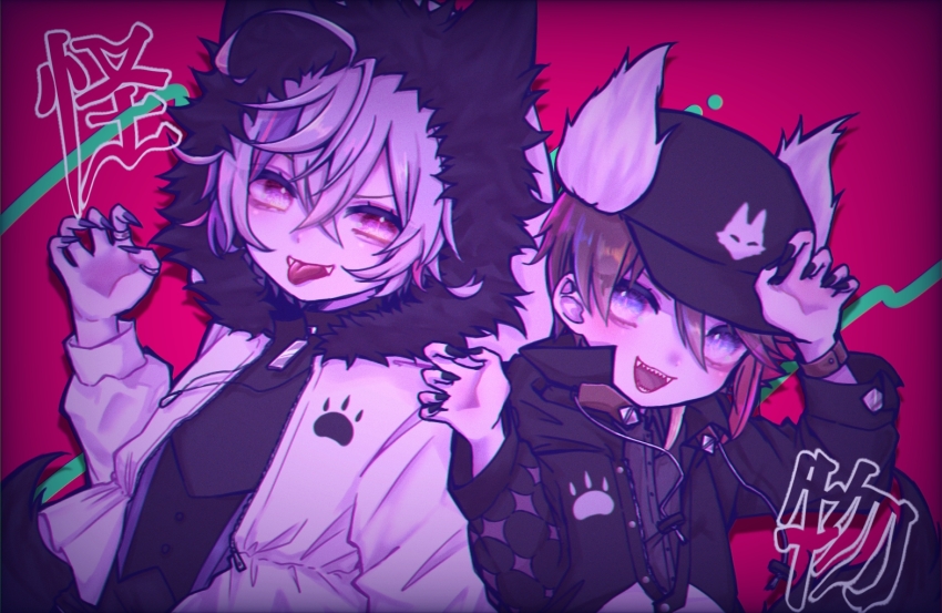 2boys ahoge black_hair black_jacket chromatic_aberration fingernails fuwa_minato hair_between_eyes hood hood_up jacket male_focus mi_oxo_9m multiple_boys nijisanji open_mouth parka pink_background purple_hair saegusa_akina sharp_fingernails sharp_teeth teeth tongue tongue_out translation_request virtual_youtuber