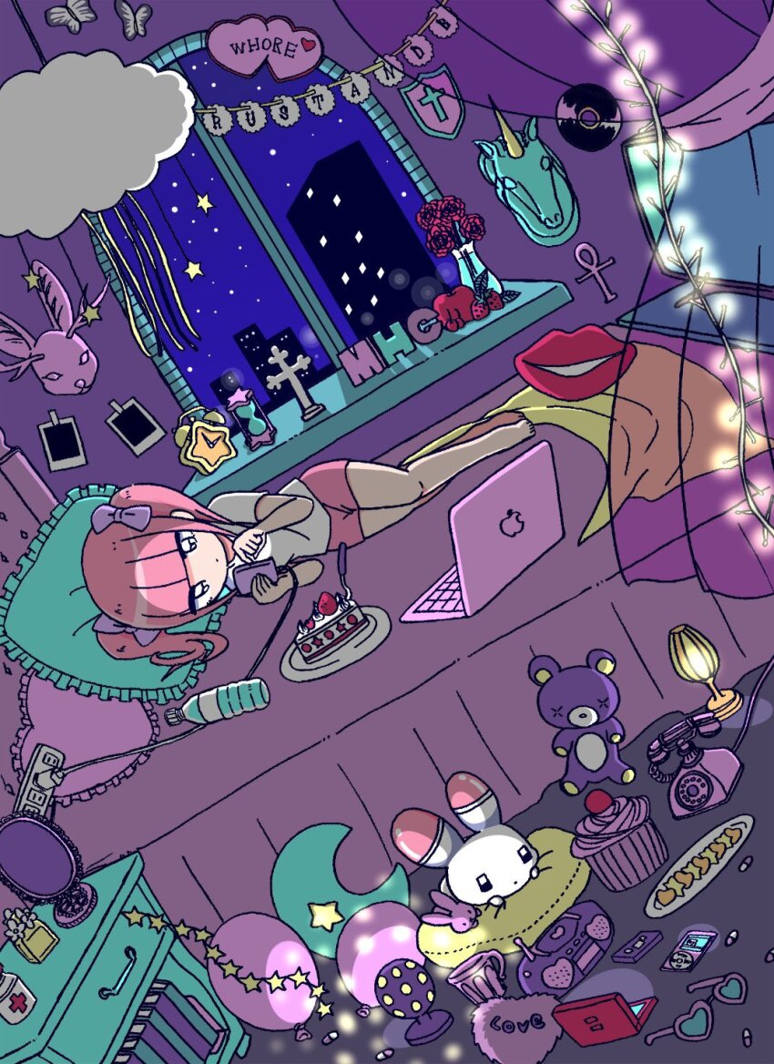 1girl alarm_clock animal ankh antique_phone balloon bed bed_sheet blanket blunt_bangs book boombox bottle bow bug building butterfly cable cake cellphone charger cityscape clock cloud computer crescent cross curtains digital_media_player ezaki_bisuko flower food fork fruit glass green-tinted_eyewear hair_bow heart heart-shaped_eyewear heart-shaped_pillow highres holding holding_phone hourglass insect ipod lamp laptop lips menhera-chan_(ezaki_bisuko) menhera-chan_(ezaki_bisuko)_(character) mirror night night_sky on_bed phone photo_(object) pillow pink-framed_eyewear pink_hair pink_shorts plate plug profanity purple_bow rabbit red_flower rotary_phone shield short_twintails shorts sidelocks sky skyscraper smartphone star_(sky) star_(symbol) strawberry string_of_flags stuffed_animal stuffed_toy taxidermy teddy_bear tinted_eyewear see-through_curtains twintails usatan_(ezaki_bisuko) vase water_bottle white_shorts window