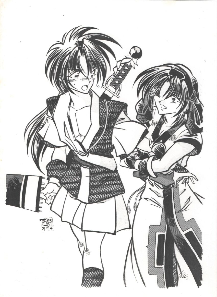 1boy 1girl ainu_clothes arm_hug assertive_female blush breasts cleavage dated fingerless_gloves gloves hair_ribbon highres hisame_shizumaru japanese_clothes legs low_ponytail medium_breasts monochrome one_eye_closed open_mouth pants ponytail ribbon rimururu samurai_spirits short_hair shorts sketch smile snk surprised swimsuit sword teeth thighs tongue traditional_media umbrella weapon wink