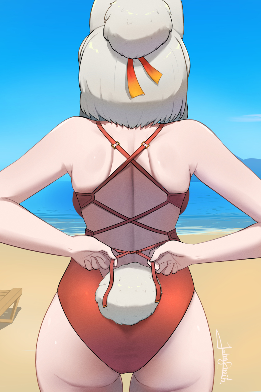 1girl alpaca_ears alpaca_girl alpaca_suri_(kemono_friends) alpaca_tail animal_ears arms_behind_back artist_name ass back beach blue_sky day facing_away from_behind grey_hair hair_bun highres horizon john_(a2556349) kemono_friends median_furrow medium_hair ocean one-piece_swimsuit outdoors red_one-piece_swimsuit sand shoulder_blades single_hair_bun skindentation sky solo swimsuit tail water