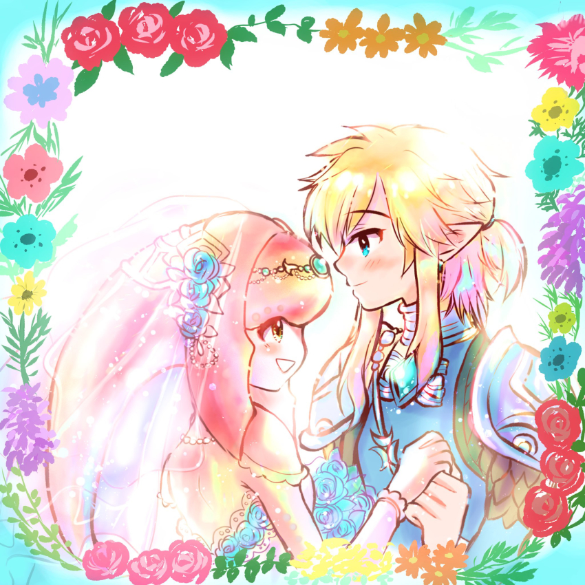 1boy 1girl armor blonde_hair bridal_veil circlet couple floral_background highres holding_hands link mipha nintendo official_alternate_costume osseuso5833 pointy_ears ponytail short_ponytail smile the_legend_of_zelda the_legend_of_zelda:_breath_of_the_wild upper_body veil zora_set_(zelda)
