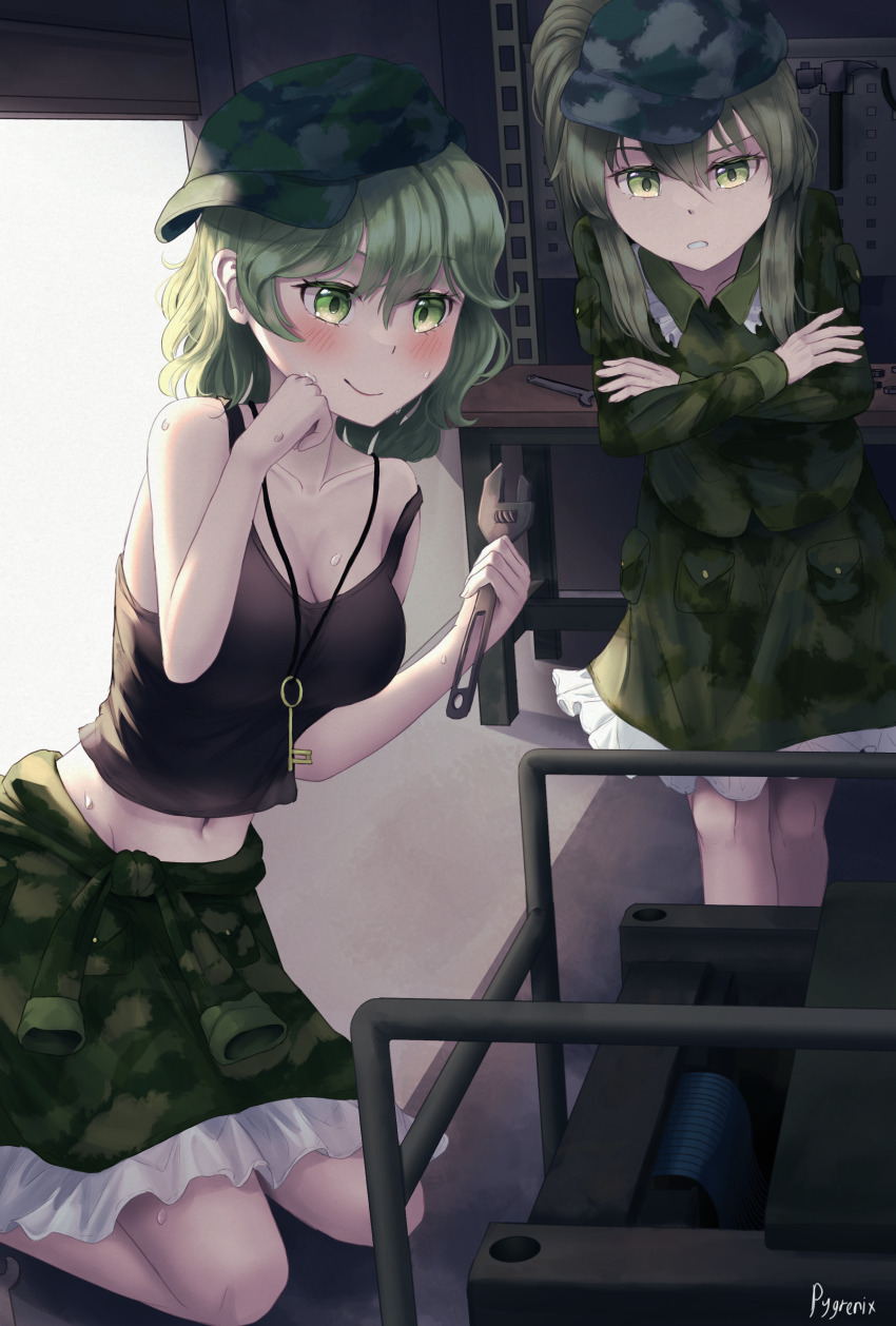 2girls absurdres black_tank_top blush newsboy_cap camouflage camouflage_skirt closed_mouth commission crossed_arms green_eyes green_hair green_skirt hat highres indoors kappa_mob_(touhou) key looking_at_viewer multiple_girls navel pygrenix short_hair signature skirt smile tank_top touhou wrench yamashiro_takane