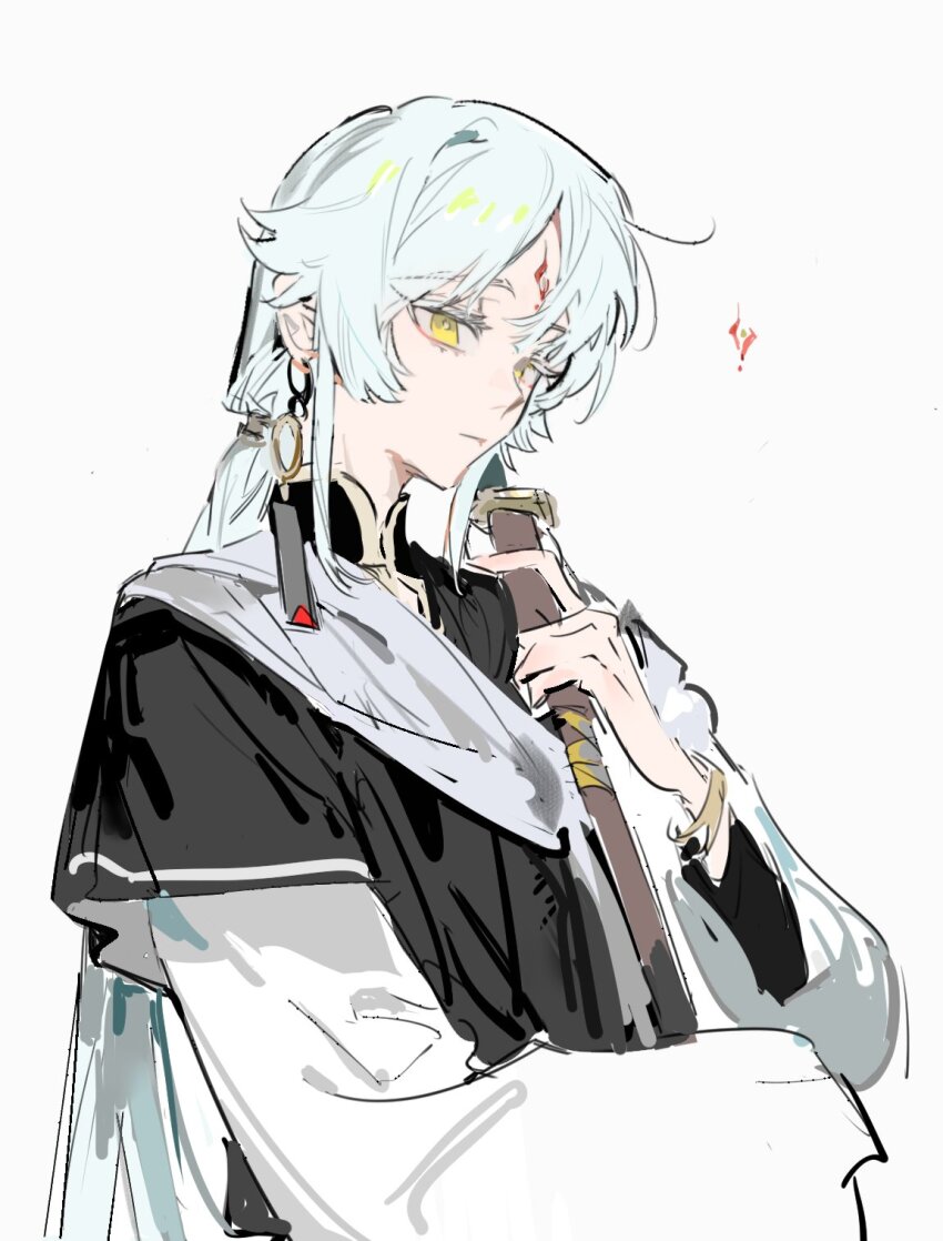 1boy bracelet chinese_clothes closed_mouth earrings facial_mark forehead_mark hair_between_eyes highres holding holding_weapon jewelry long_hair long_sleeves looking_at_viewer male_focus original parted_bangs qyzhiaiyisheng simple_background smile solo upper_body weapon white_hair
