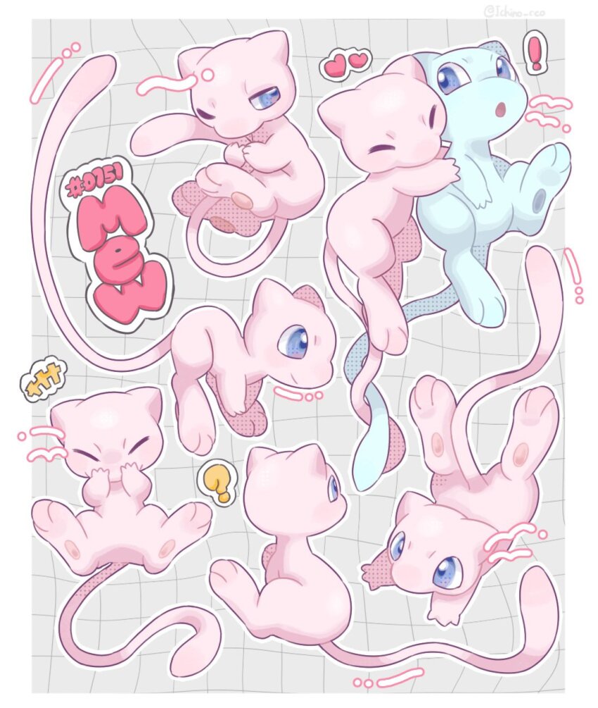 ! +++ :o ? alternate_color blue_eyes border character_name closed_eyes commentary gen_1_pokemon giggling grid_background heart highres ichino_cco intertwined_tails legendary_pokemon mew_(pokemon) mythical_pokemon nintendo no_humans one_eye_closed pokedex_number pokemon pokemon_(creature) shiny_pokemon white_border