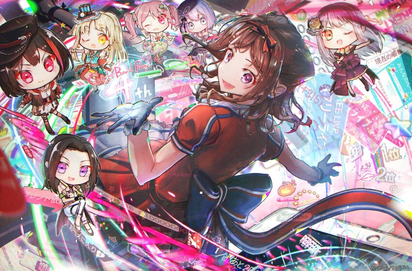 6+girls :d bang_dream! black_hair black_hat blonde_hair blue_eyes boots brown_hair chibi cone_hair_bun dress fire gloves grey_hair hair_bun hair_ornament hat highres kurata_mashiro long_hair looking_at_viewer maruyama_aya medium_hair minato_yukina mitake_ran multiple_girls nasuharu_(kom_4em) one_eye_closed open_mouth pants pink_eyes pink_hair purple_dress purple_eyes red_dress red_eyes red_hair short_hair smile star_(symbol) star_hair_ornament toyama_kasumi tsurumaki_kokoro twintails wakana_rei white_gloves white_hair white_pants yellow_eyes