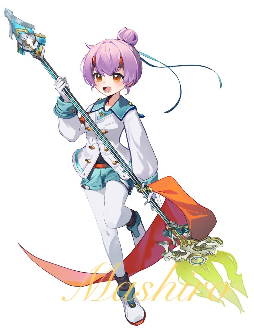 1girl blue_shorts character_name commentary_request eyelashes fiona_(xenoblade) full_body gloves highres holding holding_staff horns luliko253 open_mouth orange_eyes pants pants_under_shorts purple_hair red_horns shoes short_hair shorts simple_background solo staff standing standing_on_one_leg tachi-e white_background white_gloves white_pants xenoblade_chronicles_(series) xenoblade_chronicles_3