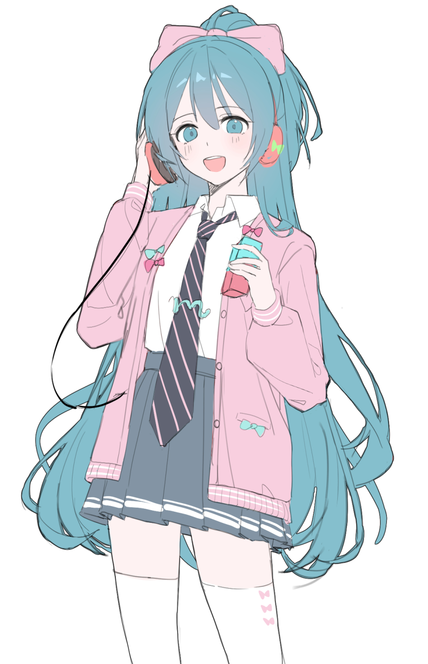 aqua_eyes aqua_hair black_necktie blue_bow bow bow_legwear box cable collared_shirt commentary_request dot_nose eyelashes flat_color grey_skirt hair_between_eyes hair_bow hand_on_headphones hatsune_miku hatsune_miku_(ribbon_girl) headphones high-waist_skirt high_ponytail highres holding holding_box jacket juice_box korean_commentary light_blush long_hair long_sleeves looking_at_viewer necktie nun_nu open_clothes open_jacket open_mouth pink_bow pink_jacket pleated_skirt pocket ponytail project_diva_(series) puffy_long_sleeves puffy_sleeves shirt simple_background skirt smile striped_necktie sweater_jacket swimsuit teeth thighhighs tie_clip upper_teeth_only very_long_hair vocaloid white_background white_shirt white_thighhighs zettai_ryouiki