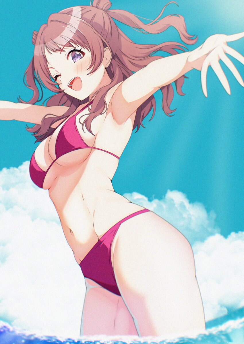 1girl armpits bare_shoulders bikini blue_sky blush breasts brown_hair cloud cloudy_sky gakuen_idolmaster hair_bun hanami_saki highres idolmaster large_breasts long_hair musha_no_kozi navel one_eye_closed open_mouth outdoors pink_bikini purple_bikini purple_eyes red_hair sky smile solo stomach swimsuit water