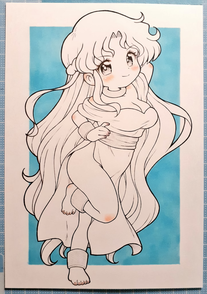 1girl arm_behind_head armpits barefoot breasts cleavage covered_navel feet hand_on_own_hip highres large_breasts leg_lift leg_up legs long_hair looking_at_viewer madou_monogatari model_pose monochrome puyopuyo rulue_(puyopuyo) sega sketch smile thighs traditional_media