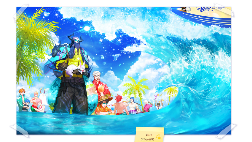 2girls 6+boys arjuna_(fate) ball beach bikini blue_sky border choebab cu_chulainn_(casual_wear)_(fate) cu_chulainn_(fate) cu_chulainn_(fate/stay_night) day facial_hair fate/grand_order fate_(series) fishing_rod fou_(fate) fujimaru_ritsuka_(male) gilgamesh_(fate) hans_christian_andersen_(fate) hawaiian_shirt highres holding holding_ball holding_fishing_rod holding_swim_ring innertube james_moriarty_(archer)_(fate) karna_(fate) king_hassan_(fate) li_shuwen_(fate) li_shuwen_(young)_(fate) mash_kyrielight mash_kyrielight_(swimsuit_of_perpetual_summer) multiple_boys multiple_girls mustache nitocris_(fate) ocean outdoors palm_tree popping robin_hood_(fate) shirt skull_head sky sparkle summer sun swim_ring swimsuit topless_male tree waves white_bikini white_border white_shirt yellow_shirt
