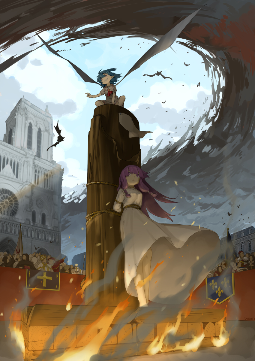 absurdres architecture ascot bat_wings bishop_(clergy) blue_hair blunt_bangs brooch burning cardinal_(clergy) cathedral church clergy collared_dress cross dress flag fleur-de-lis france gothic_architecture hair_tubes highres jewelry king latin_cross long_hair monk notre_dame_de_paris overcast paris patchouli_knowledge priest purple_eyes purple_hair red_ascot red_eyes remilia_scarlet sky squatting stake tied_to_stake touhou very_long_hair white_dress wings yazato_ichimushi