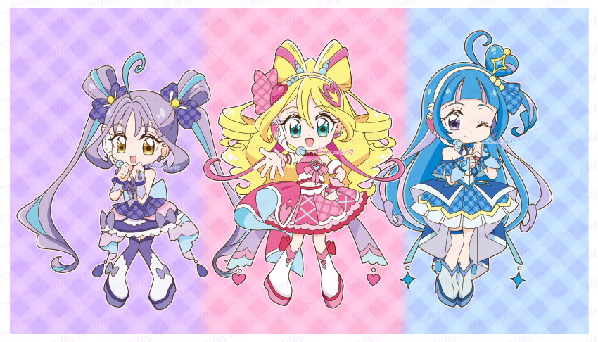 3girls aokaze_nana aqua_eyes artist_name back_bow bare_shoulders beads blonde_hair blue_background blue_boots blue_bow blue_bowtie blue_bridal_gauntlets blue_collar blue_dress blue_gemstone blue_hair blue_sleeves blunt_bangs boots border bow bow-shaped_hair bow_legwear bowtie bracelet bridal_gauntlets brooch buttons chibi clenched_hands closed_mouth collar colorful_background commentary_request cropped_shirt cure_idol cure_kyunkyun cure_wink detached_collar detached_sleeves diamond_hair_ornament dot_nose double_bun dress dress_bow earrings eyelashes frilled_bridal_gauntlets frilled_skirt frills gem hair_beads hair_between_eyes hair_bun hair_intakes hair_ornament hair_ribbon hand_jewel hand_on_own_hip happy headset heart heart_brooch heart_earrings heart-shaped_hair heart_hair_ornament heart_print highres jewelry kimi_to_idol_precure knee_boots large_bow layered_skirt long_hair looking_at_viewer magical_girl meru_(mer_milky77) midriff miniskirt multicolored_hair multiple_earrings multiple_girls navel one_eye_closed one_side_up outline outstretched_hand palm_tree pink_background pink_bow pink_bowtie pink_bridal_gauntlets pink_ribbon pink_shirt pink_skirt plaid_background plaid_clothes plaid_dress plaid_ribbon plaid_skirt plaid_sleeves pleated_dress pleated_skirt pleated_sleeves precure puffy_short_sleeves puffy_sleeves purple_background purple_bow purple_bridal_gauntlets purple_eyes purple_hair ribbon sakura_uta_(precure) shigure_kokoro shirt short_dress short_sleeves single_side_bun skirt sleeveless sleeveless_shirt sphere_earrings standing strapless strapless_dress streaked_hair tareme thigh_boots tree twintails unmoving_pattern very_long_hair watermark watermark_grid white_boots white_bow white_headphones white_outline white_sleeves yellow_eyes