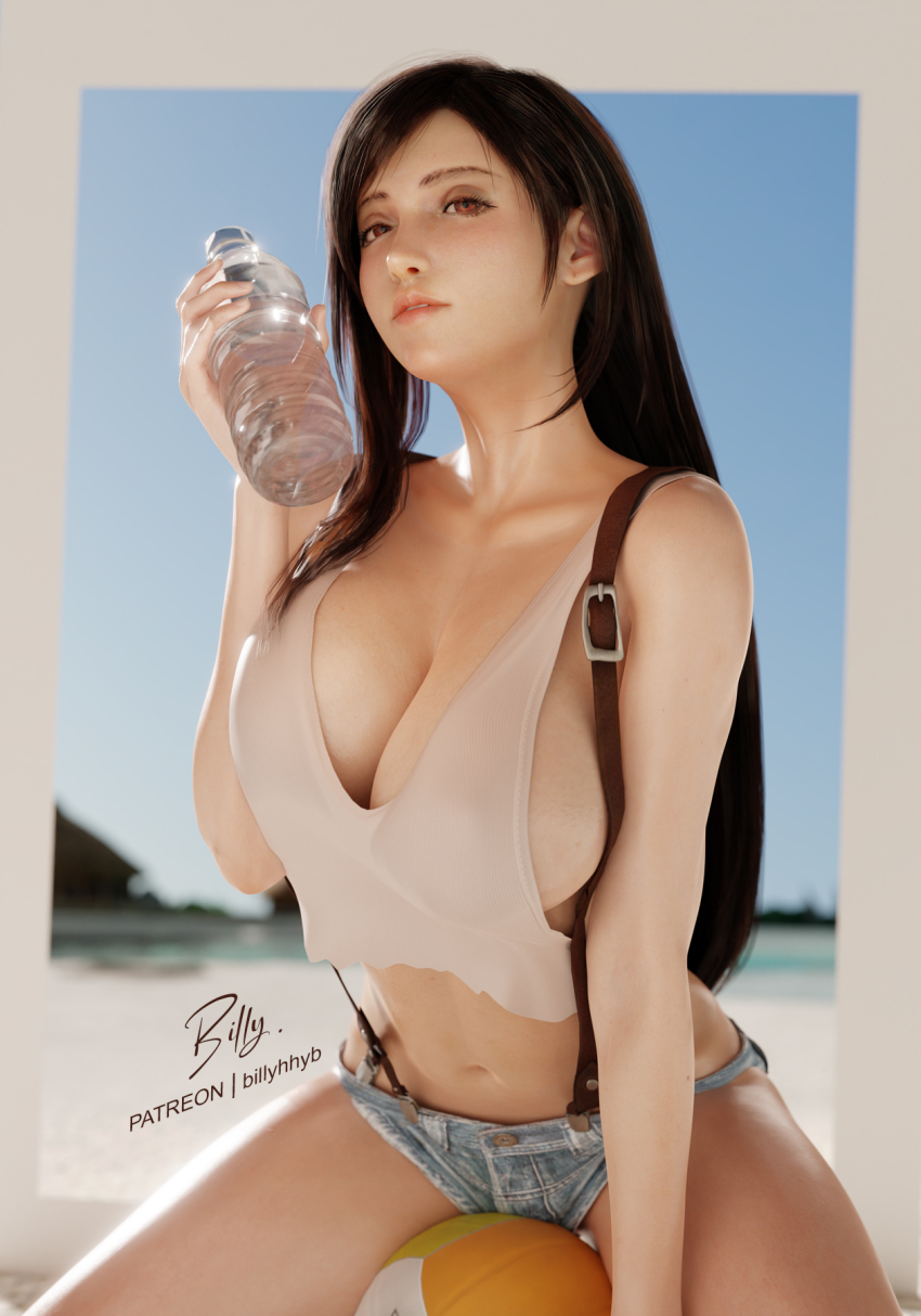 1girl 3d ball beach beachball billyhhyb black_hair bottle breasts cleavage collarbone crop_top denim denim_shorts final_fantasy final_fantasy_vii final_fantasy_vii_remake highres holding holding_bottle large_breasts lips long_hair looking_at_viewer micro_shorts parted_lips red_eyes shorts signature sitting solo suspender_shorts suspenders tank_top thighs tifa_lockhart very_long_hair water_bottle white_tank_top