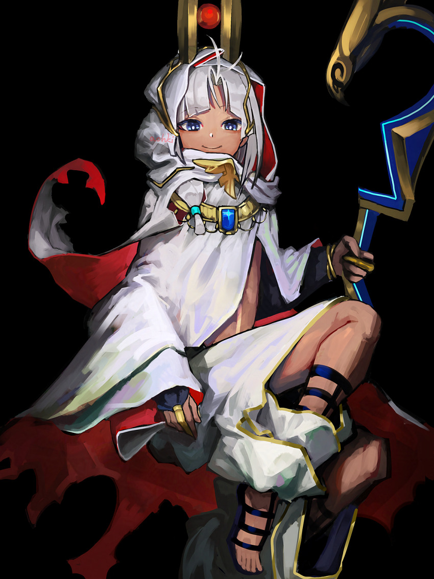 1boy ahoge black_background black_bridal_gauntlets bracelet bridal_gauntlets cloak dark-skinned_male dark_skin fate/grand_order fate_(series) full_body gold gold_bracelet gold_headwear grey_eyes grey_hair highres holding holding_staff jewelry long_hair looking_at_viewer male_focus pants pharaoh sandals simple_background smile solo staff tutankhamun_(fate) tutankhamun_(first_ascension)_(fate) waterstaring white_cloak white_pants