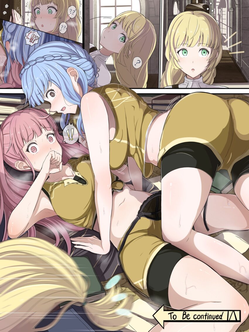 ! !! 3girls ? ?? accident ass black_bra black_shorts blonde_hair blue_hair blunt_bangs blush bra braid breasts brown_eyes caught cleavage confused crop_top crown_braid embarrassed fire_emblem fire_emblem:_three_houses fleeing garreg_mach_monastery_uniform green_eyes highres hilda_valentine_goneril indoors ingrid_brandl_galatea large_breasts long_hair marianne_von_edmund medium_breasts midriff multiple_girls navel nenemu0 nintendo open_mouth pink_eyes pink_hair shirt short_hair shorts shorts_under_shorts stomach surprised tripping twintails underwear white_shirt yellow_shirt yellow_shorts yuri