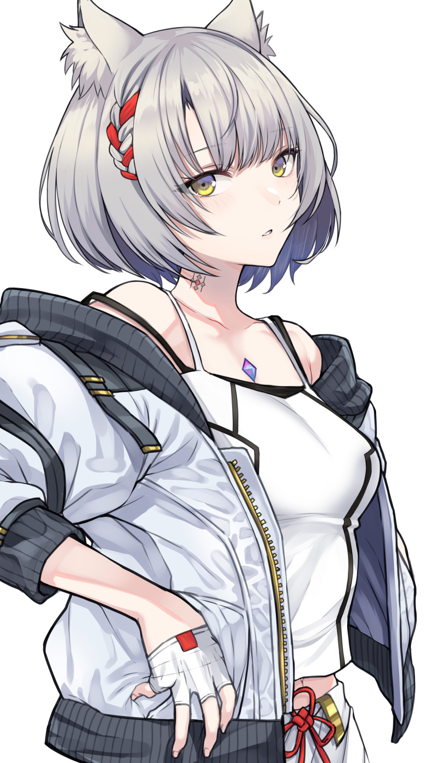 1girl absurdres animal_ears bob_cut breasts camisole cat_ears cat_girl chest_jewel commentary highres jacket mio_(xenoblade) neck_tattoo red_ribbon revision ribbon simple_background skirt small_breasts solo tattoo white_background white_camisole white_hair white_jacket white_skirt xenoblade_chronicles_(series) xenoblade_chronicles_3 yellow_eyes yuuki_shin