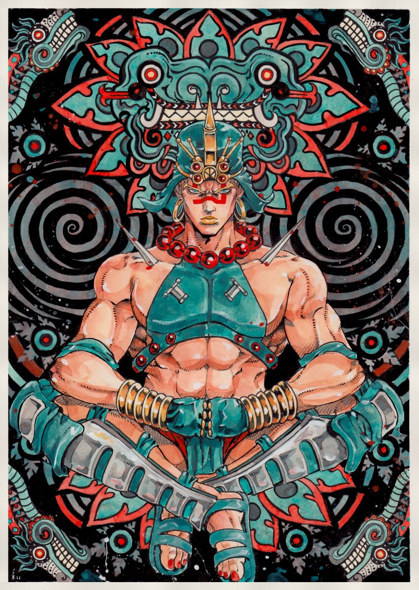1boy abs absurdres araki_hirohiko_(style) armor aztec_(style) battle_tendency commentary crop_top earrings face_piercing facial_mark gloves green_eyes green_gloves green_headscarf green_sandals green_tank_top headscarf highres hoop horns jewelry jojo_no_kimyou_na_bouken loincloth makeup male_focus manly midriff muscular muscular_male necklace painting_(medium) piercing red_nails sandals sitting solo spikes tank_top traditional_media turban wamuu watercolor_(medium) xfkart yellow_lips
