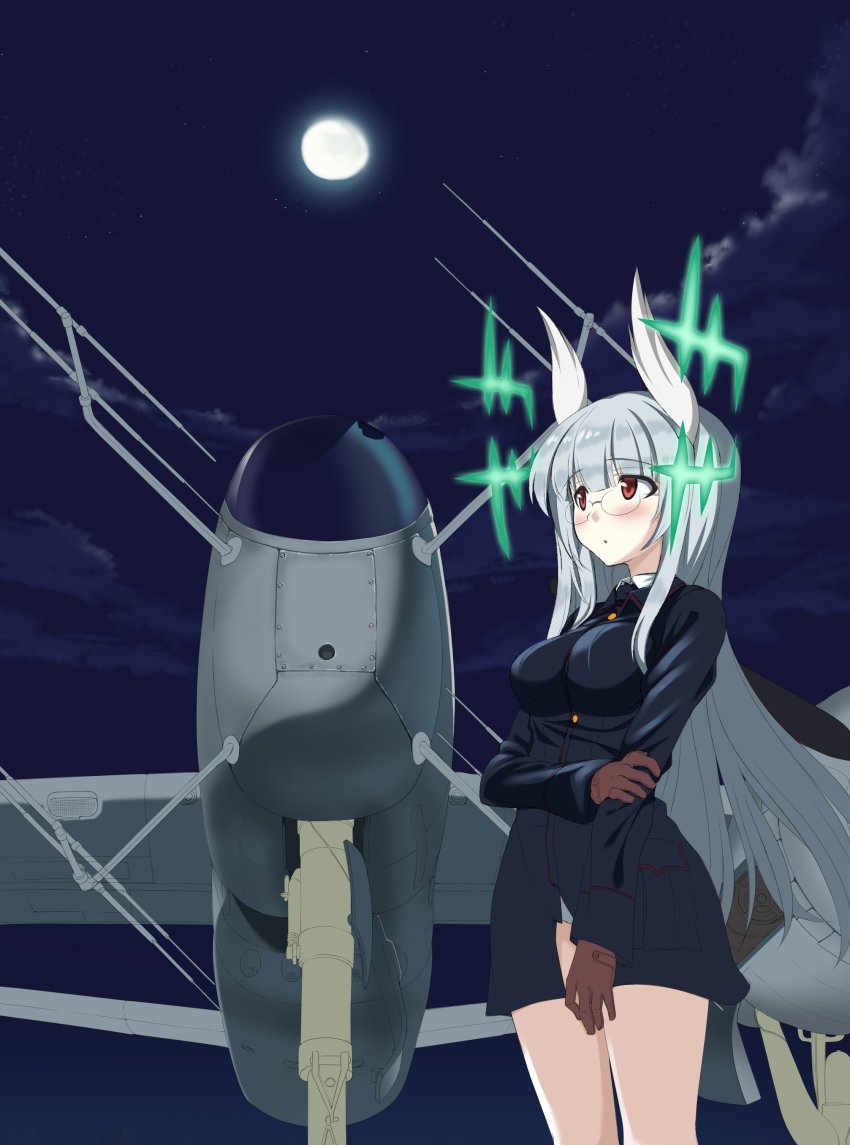 1girl a9b_(louis814) absurdres aircraft airplane blush breasts glasses head_wings heidimarie_w._schnaufer highres large_breasts long_hair military military_uniform moon night open_mouth outdoors panties red_eyes solo underwear white_hair white_panties wing_ears wings world_witches_series