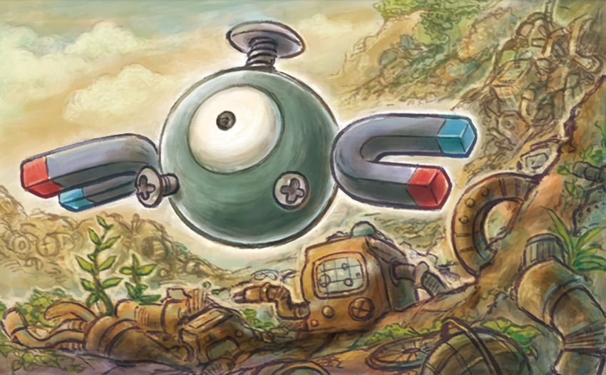 black_eyes cloud cloudy_sky creature day floating full_body gen_1_pokemon magnemite magnet nintendo no_humans official_art outdoors plant pokemon pokemon_(creature) pokemon_tcg screw single_eye sky solo sowsow third-party_source