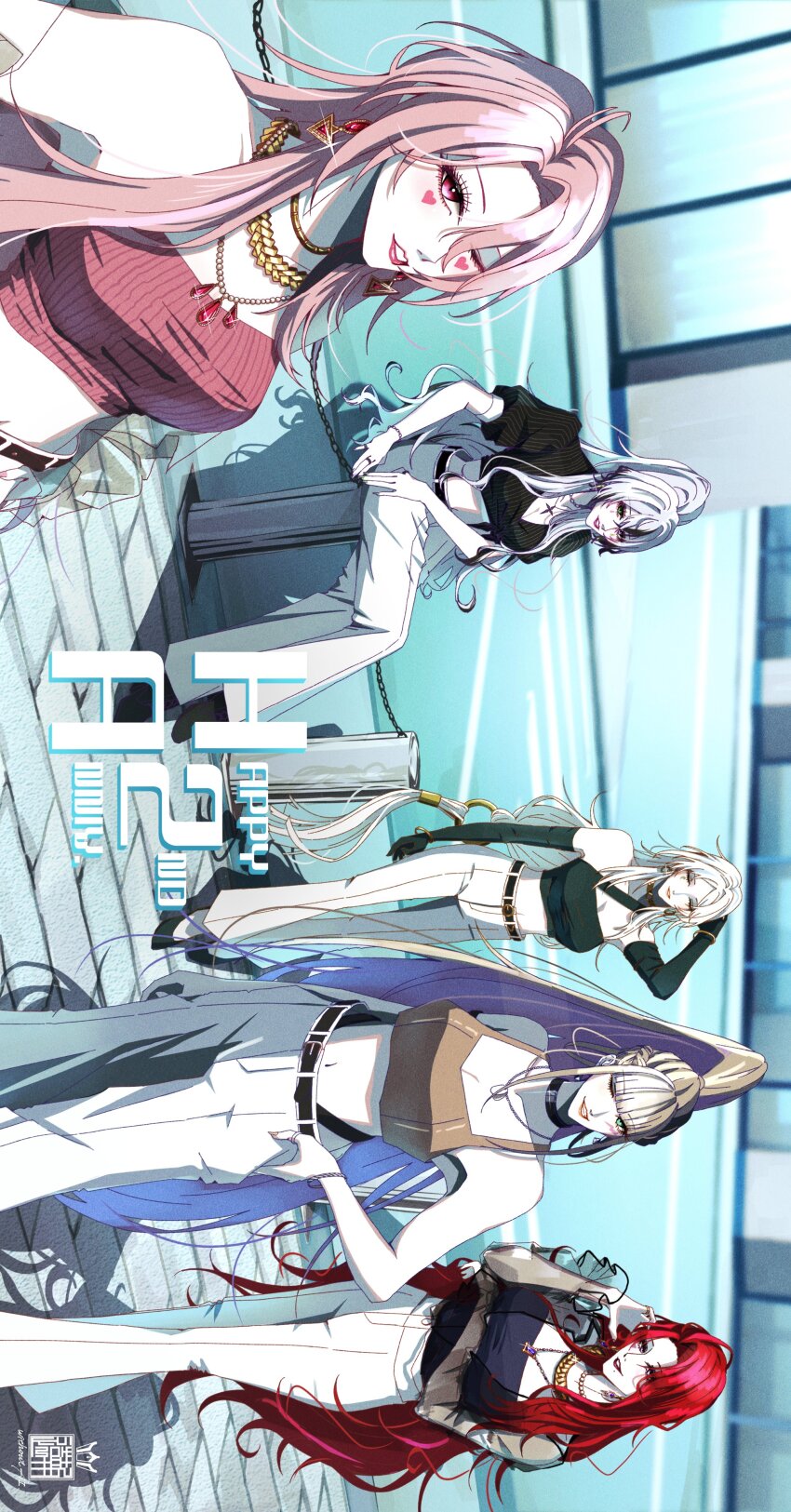 5girls absurdres alternate_costume althoffvonitsumi artist_logo bai_yi_(path_to_nowhere) bare_shoulders black_gloves black_shirt blunt_bangs braid breasts brown_hair brown_tank_top cabernet_(path_to_nowhere) chain chain_bracelet chain_necklace cleavage collarbone colored_inner_hair commentary countess_chelsea_(path_to_nowhere) crop_top cross cross_necklace crossed_legs crosswalk dog_tags du_ruo_(path_to_nowhere) earrings elbow_gloves english_commentary facial_mark forehead gloves gold_buckle gold_choker gold_earrings gold_nails gold_necklace green_eyes green_nails grey_hair hair_between_eyes hair_extensions happy_anniversary heart heart_facial_mark heterochromia high_ponytail highres jacket jewelry lightning_bolt_facial_mark logo long_hair mark_under_both_eyes midriff mole mole_under_mouth multicolored_hair multicolored_nails multiple_girls multiple_necklaces navel necklace oak_casket_(path_to_nowhere) off_shoulder one_eye_closed open_clothes open_jacket outdoors pants parted_bangs partially_unzipped path_to_nowhere pavement pearl_necklace pink_eyes pink_hair pink_lips pink_nails pink_tube_top ponytail purple_eyes purple_nails red_hair ring ring_hair_extensions road see-through_clothes see-through_jacket shirt short_sleeves side_braid single_strap sitting strapless streaked_hair street striped_clothes striped_shirt tank_top teardrop_facial_mark tomoe_(symbol) tube_top vertical-striped_clothes vertical-striped_shirt vertical-striped_tube_top very_long_hair wavy_hair white_hair white_pants