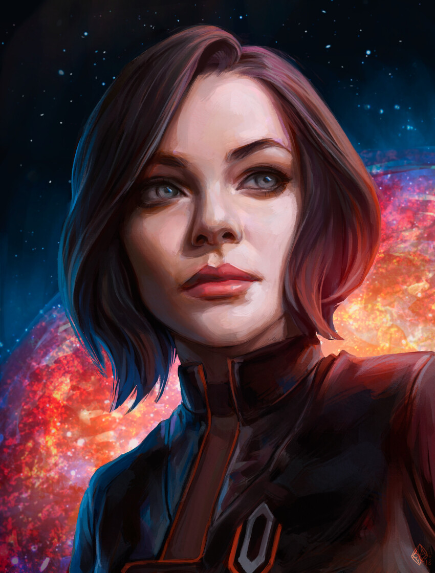 1girl absurdres alternate_hair_length alternate_hairstyle black_jacket blue_eyes brother_thunder brown_hair commentary english_commentary highres jacket light_smile looking_to_the_side making-of_available mass_effect_(series) mass_effect_2 miranda_lawson official_alternate_costume portrait red_lips short_hair solo space star_(sky) sun