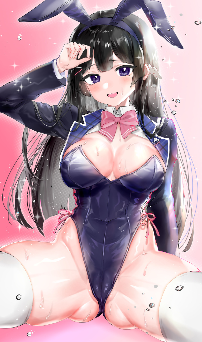 absurdres animal_ear_hairband animal_ears black_hair black_jacket black_leotard bow bowtie detached_collar fake_animal_ears gradient_background hairband highres jacket leotard nijisanji pantyhose playboy_bunny rabbit_ears red_background red_bow red_bowtie side-tie_leotard sitting spread_legs strapless strapless_leotard tekona0 thighhighs tsukino_mito virtual_youtuber white_thighhighs wrist_cuffs