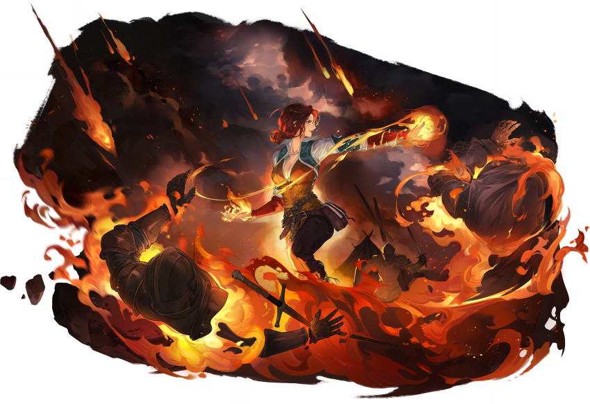 1girl 3others absurdres belt belt_pouch breasts brown_belt brown_pants burning cleavage fighting fire game_cg hair_bun highres holding holding_sword holding_weapon light_smile long_hair multiple_others non-web_source official_art outstretched_arm pants parted_lips pouch profile pyrokinesis red_eyes red_hair shrug_(clothing) solo_focus sword sword_of_convallaria tent the_witcher_(series) the_witcher_3 triss_merigold tunic weapon