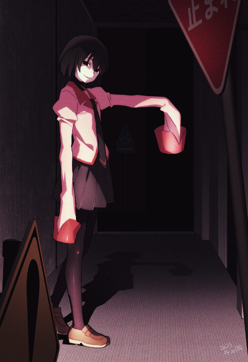 1girl black_eyes black_hair black_pantyhose black_skirt dark empty_eyes highres jacket lapels loafers looking_at_viewer manimani_(mani_ma) monogatari_(series) naoetsu_high_school_uniform necktie notched_lapels oshino_ougi outdoors pantyhose pink_jacket pleated_skirt school_uniform shoes short_hair sign skirt sleeves_past_wrists smile solo standing turtleneck undershirt