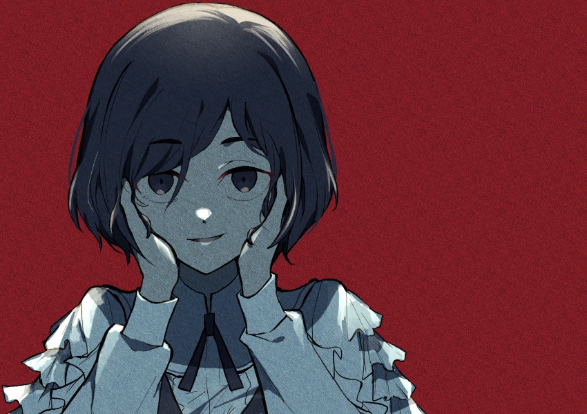 1girl backlighting collared_shirt commentary_request film_grain frilled_shirt frilled_sleeves frills hair_between_eyes hands_on_own_face hands_up highres kisaragi_ayumi long_sleeves looking_at_viewer puffy_long_sleeves puffy_sleeves red_background shirt short_hair smile solo spoilers toshi_densetsu_kaitai_center upper_body yuucho_(cho_atm)